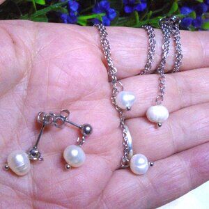 Natural pearl Double dangle Necklace & earring set in Stainless steel - Handmade